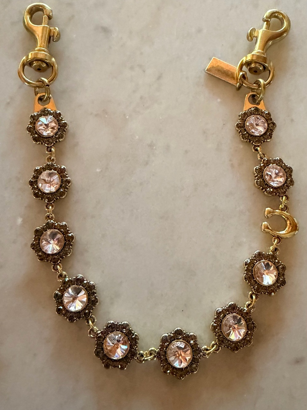 Beautiful Brass Tone Pink Crystal Flower Bag Charm